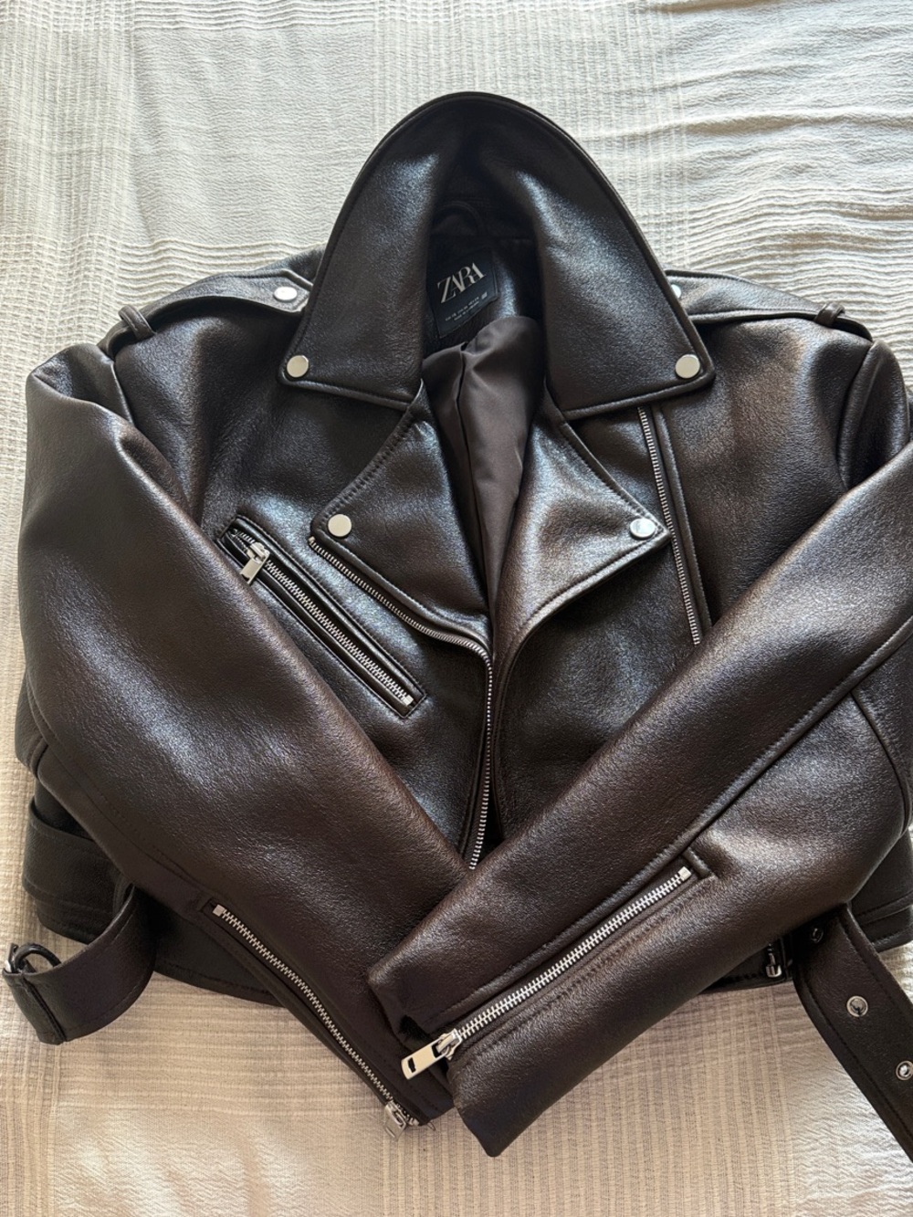 Zara Dark Brown Faux Leather Moto Jacket with Silver Hardware